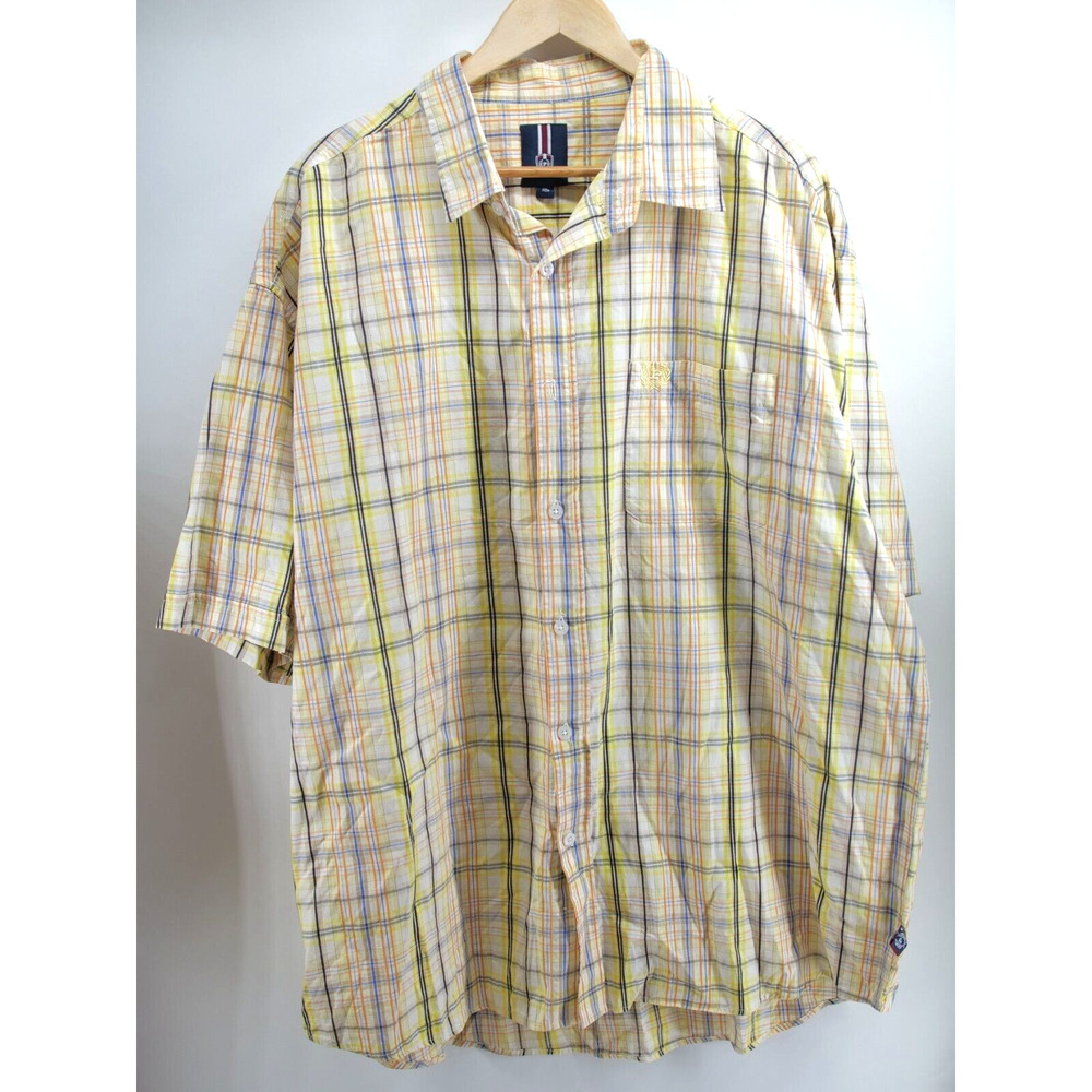 Vintage Phat Farm Shirt‎ Mens 4XL Yellow White Plaid Short Sleeve Button Up